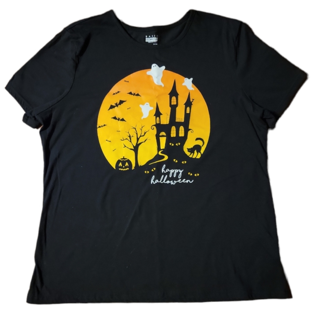 Basic Editions Happy Halloween T-Shirt Unisex Cat Pumpkin Bat Ghost Castle Tree